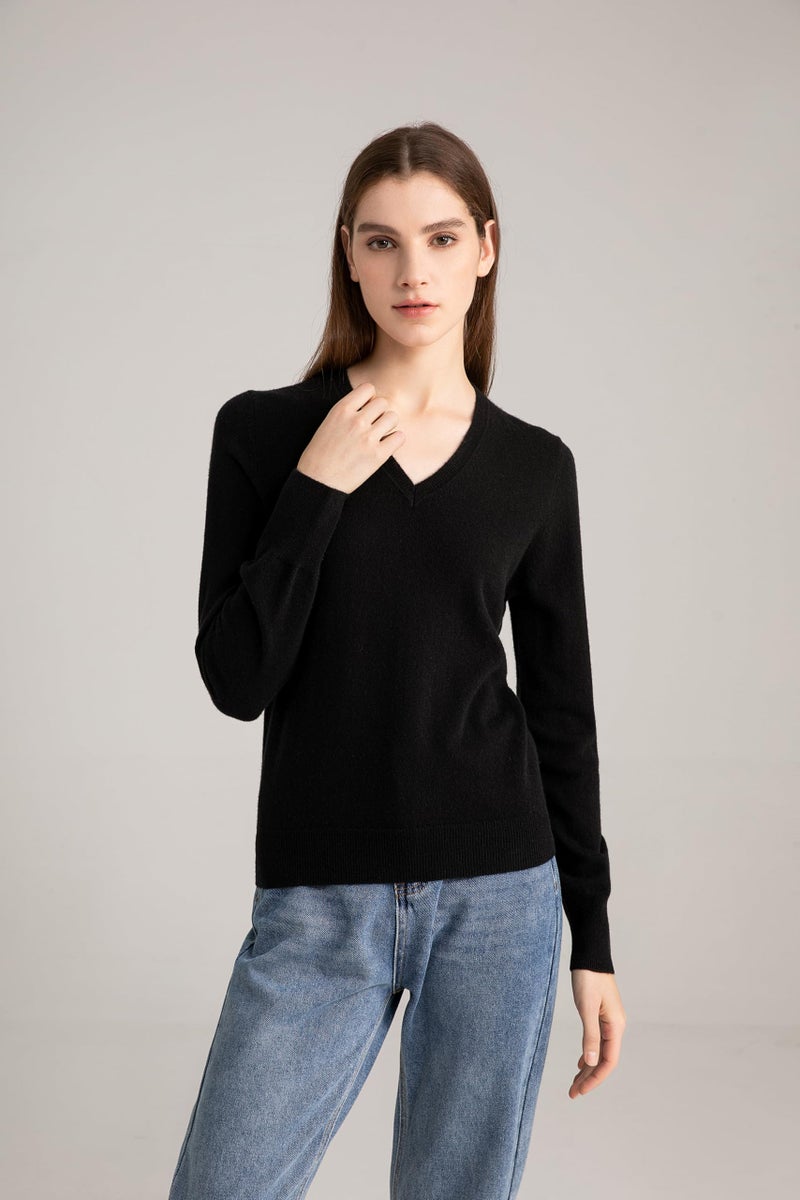 State Cashmere Womenâ€™s Essential V-Neck Sweater 100% Pure Cashmere Classic Long Sleeve Pullover (Black, Large) - Image 2